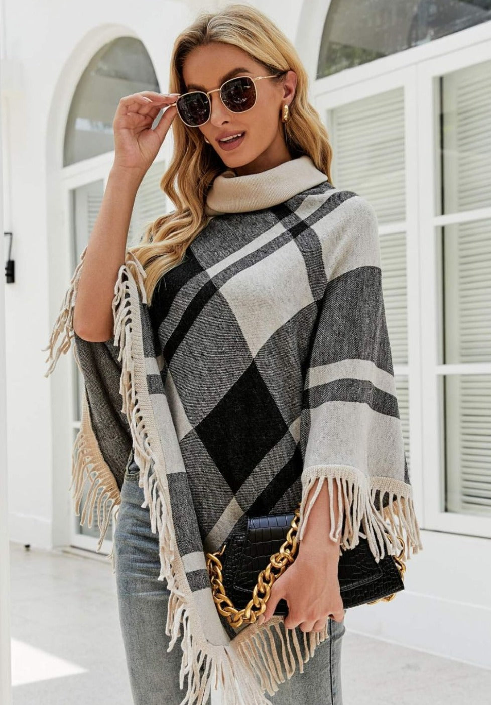 Plaid Turtleneck Fringe Hem Poncho