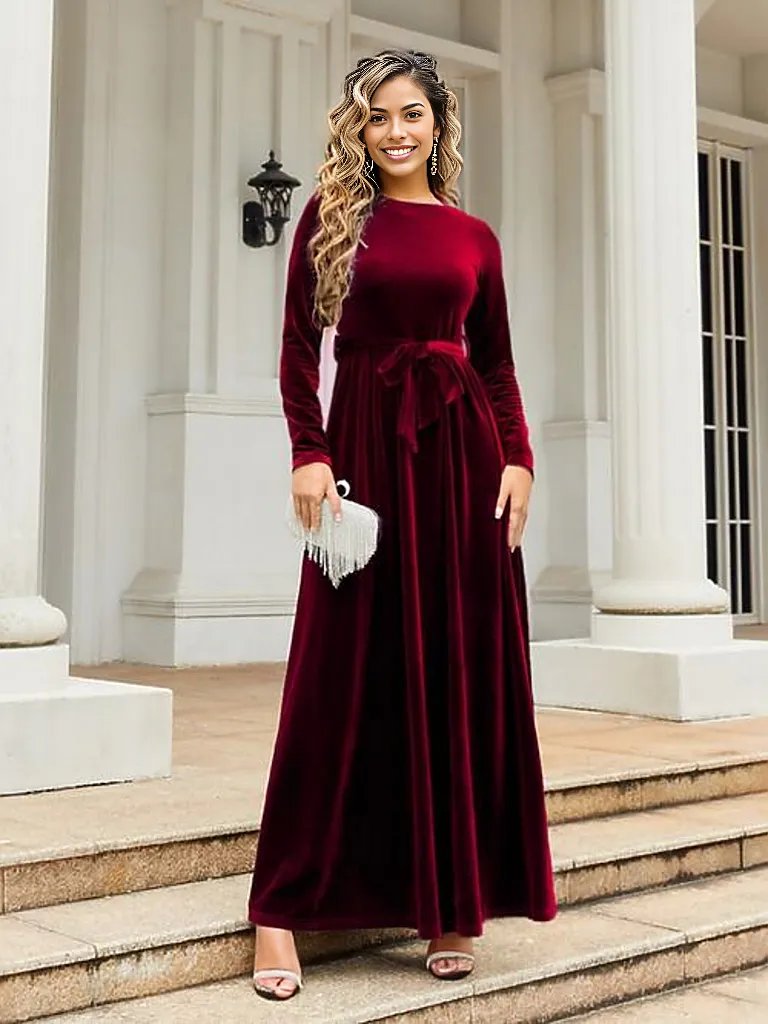 Tie Front Round Neck Long Sleeve Maxi Dress