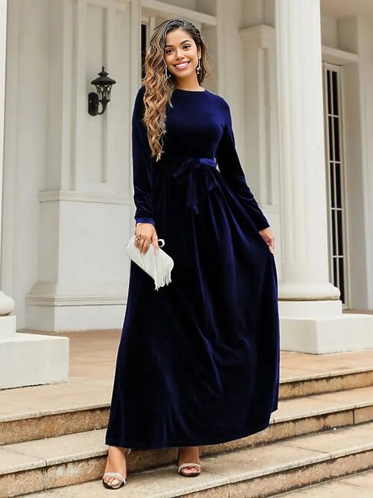 Tie Front Round Neck Long Sleeve Maxi Dress