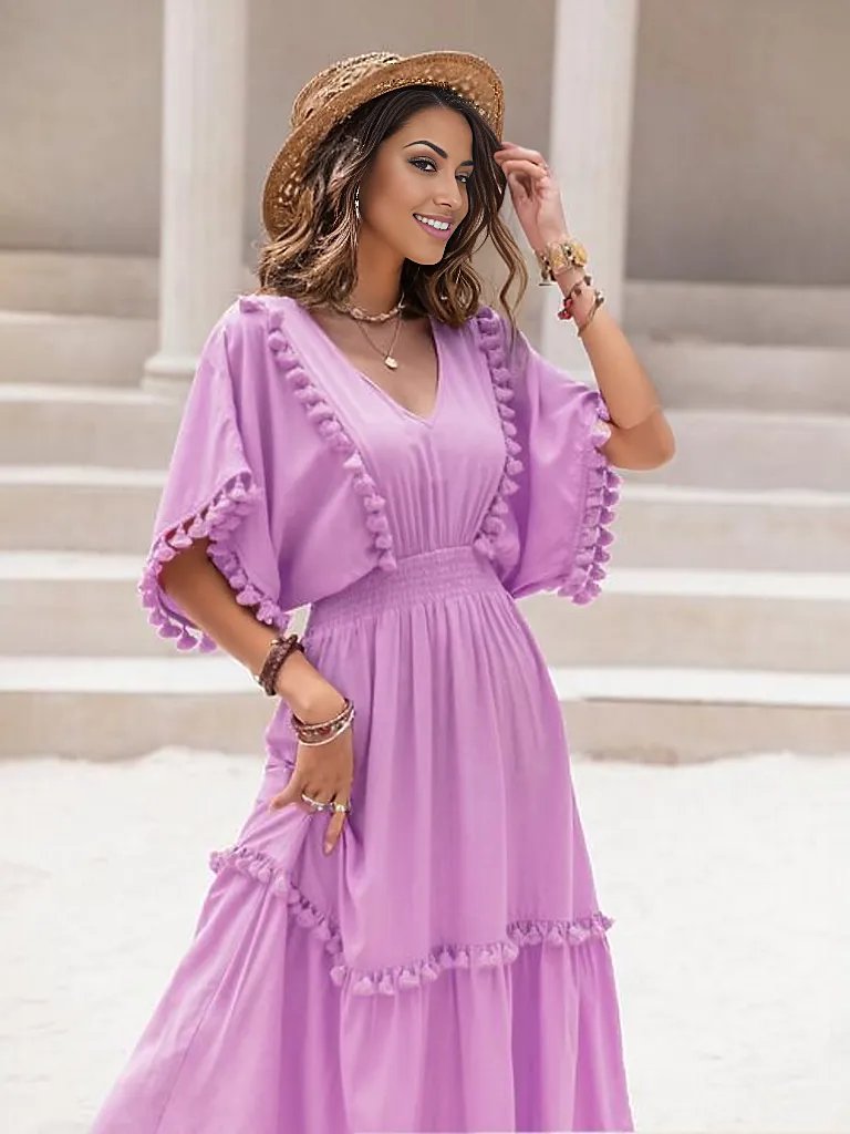 Tassel Trim Smocked V-Neck Short Sleeve Dress