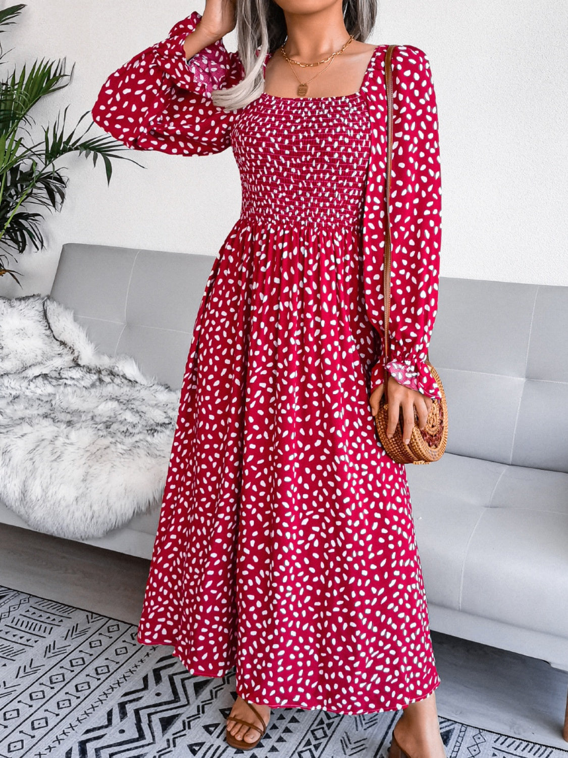 Smocked Square Neck Flounce Sleeve Dress - Three Color Choices