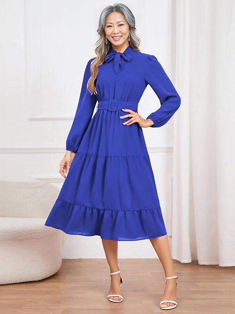 Tie Neck Long Sleeve Tiered Dress