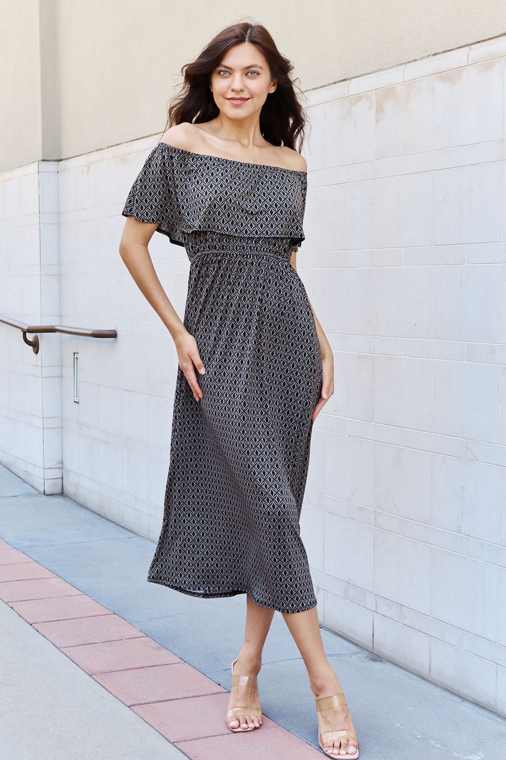 Uylee's Boutique My Best Angle Geometric Pattern Off The Shoulder Midi Dress in Black