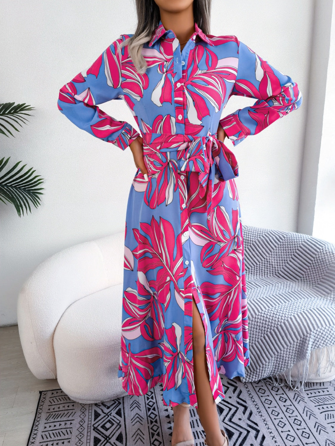 Tied Button Up Long Sleeve Dress - Three Color Choices