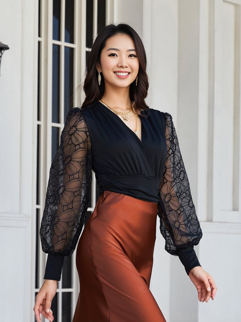 ランタンスリーブサープリスネックブラウス