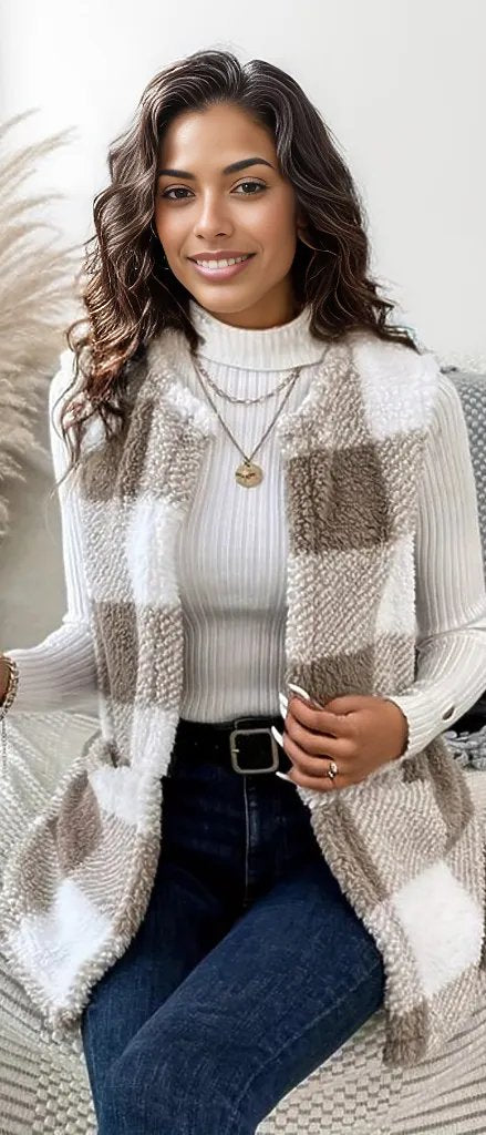 Sherpa Plaid Open Front Vest Coat