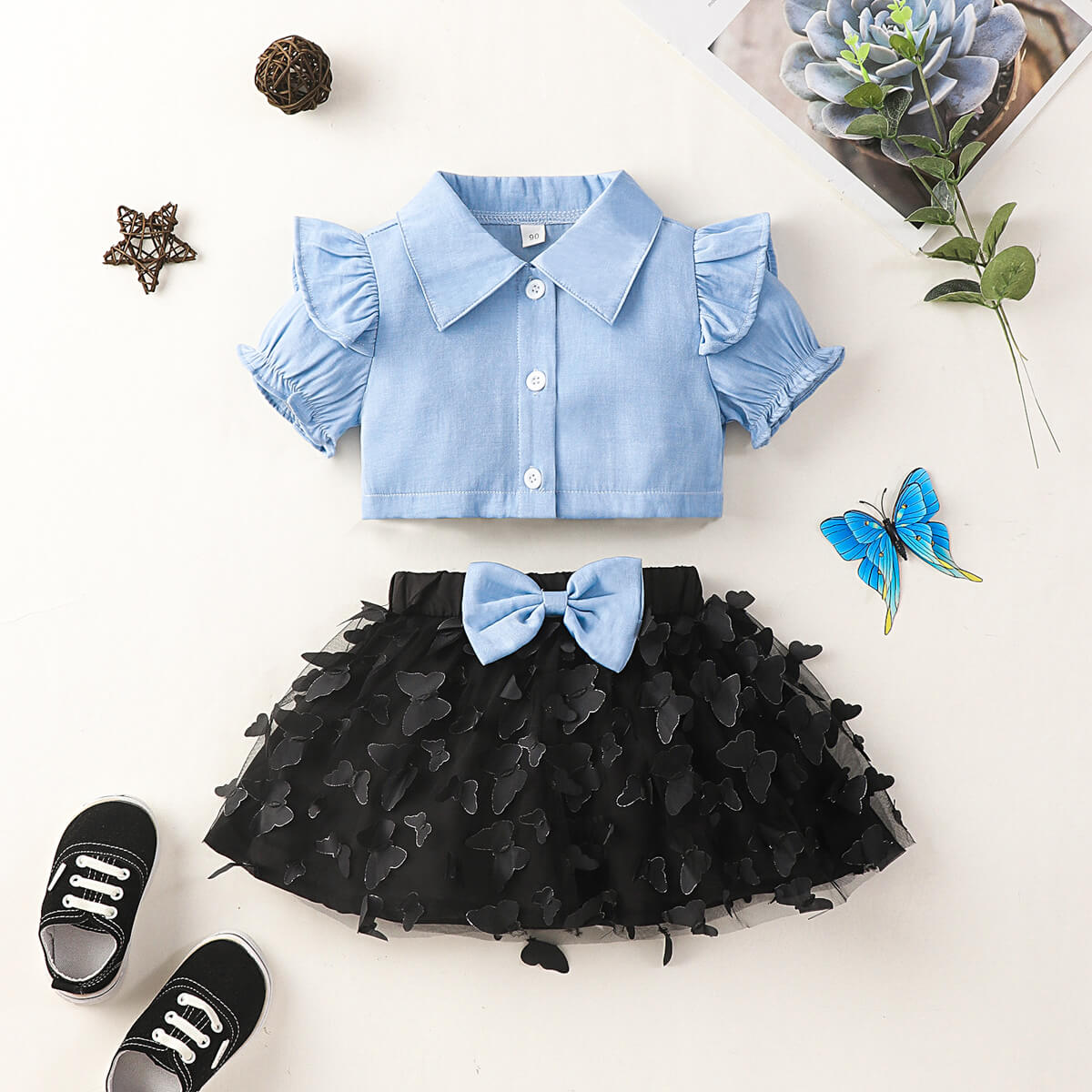 Uylee’s Boutique Ruffle Shoulder Shirt and Butterfly Applique Skirt Set
