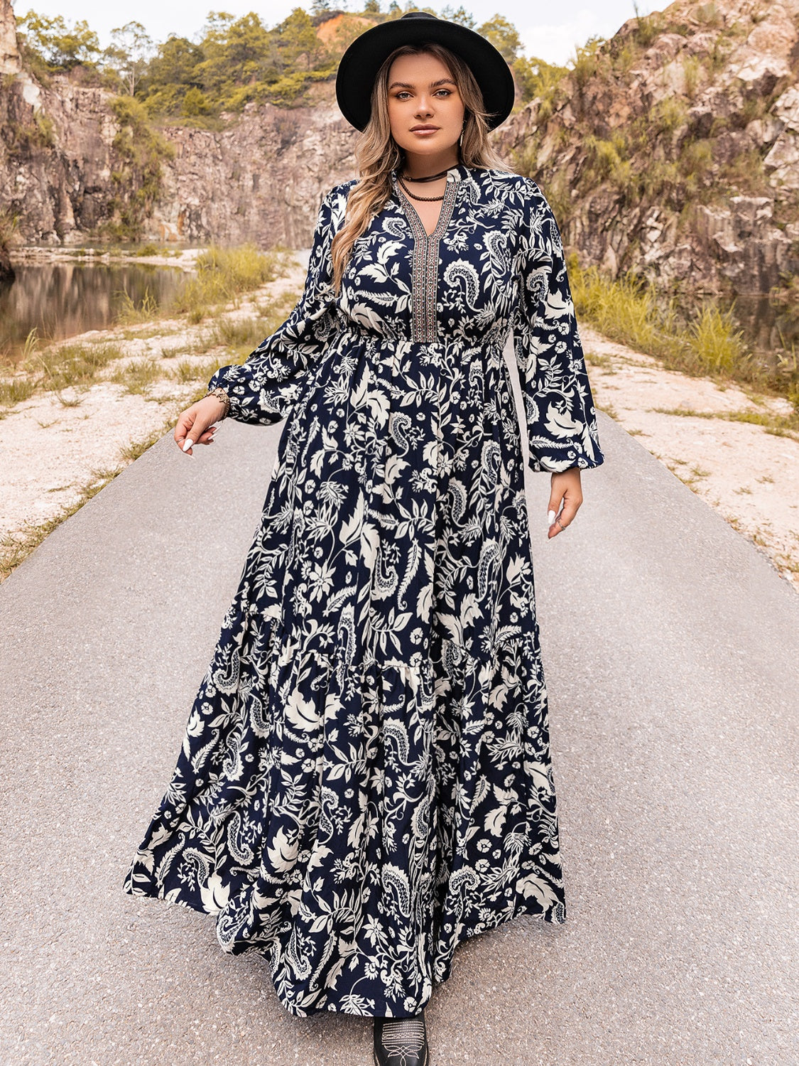 boutique maxi dresses plus size Plus Size Printed V-Neck Long Sleeve Maxi Dress