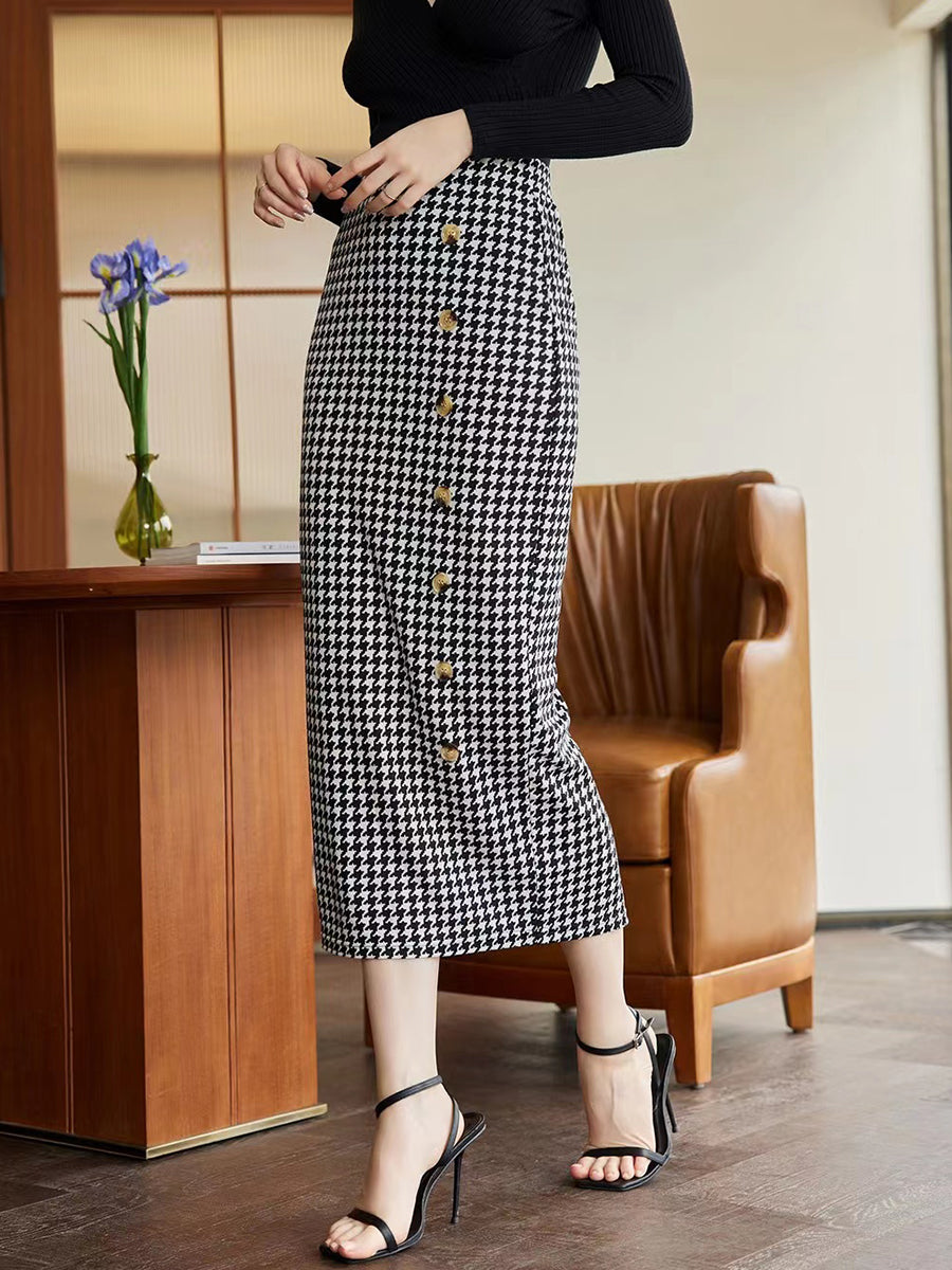 Uylee's Boutique Houndstooth Decorative Button Slit Midi Skirt