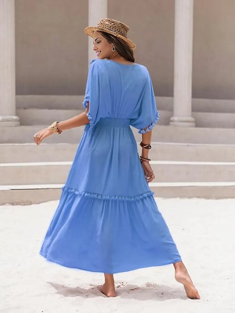 Tassel Trim Smocked V-Neck Short Sleeve Dress