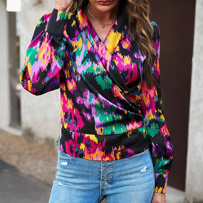 Printed Surplice Neck Long Sleeve Blouse