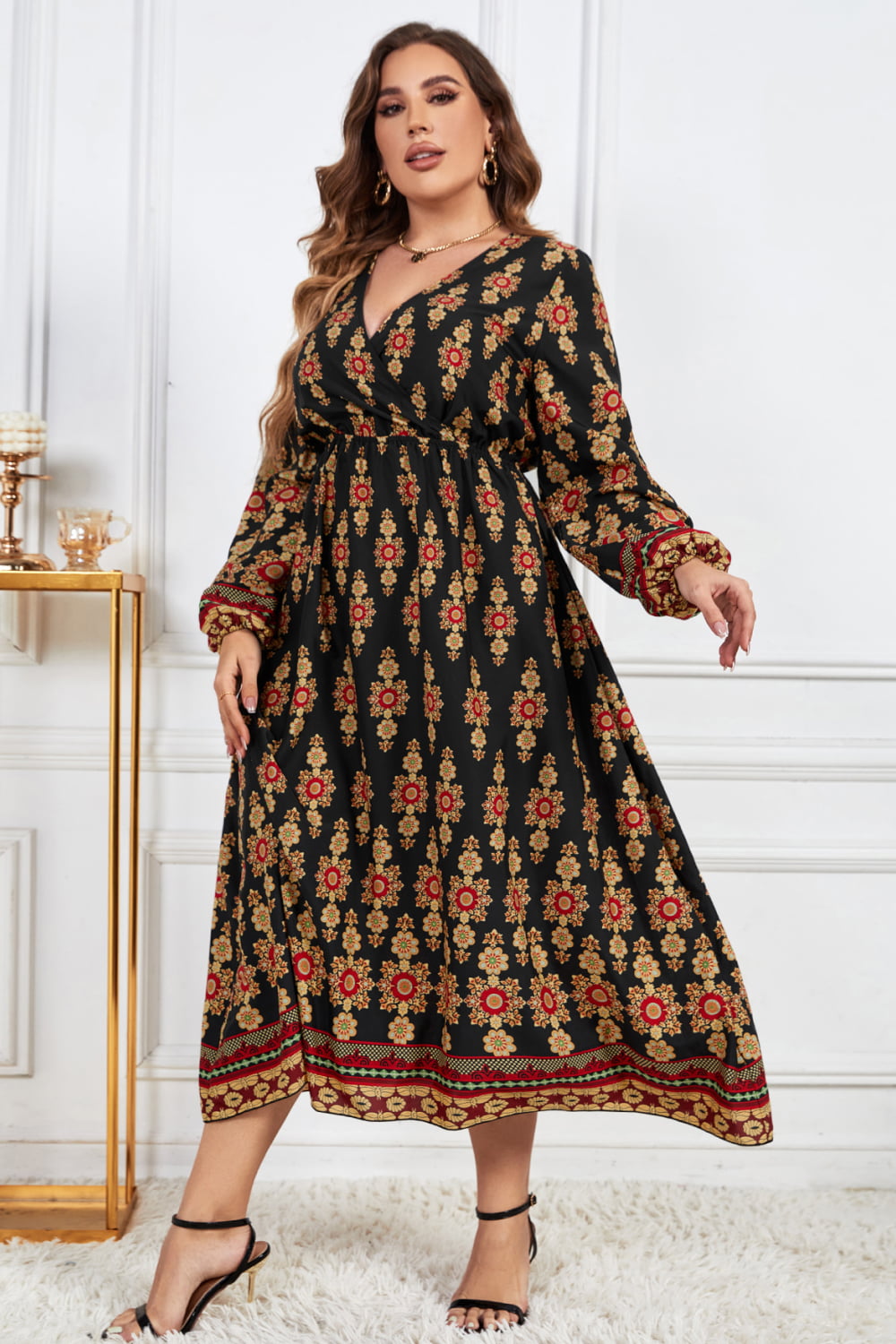 Plus Size Printed Surplice Neck Balloon Sleeve Midi Dress