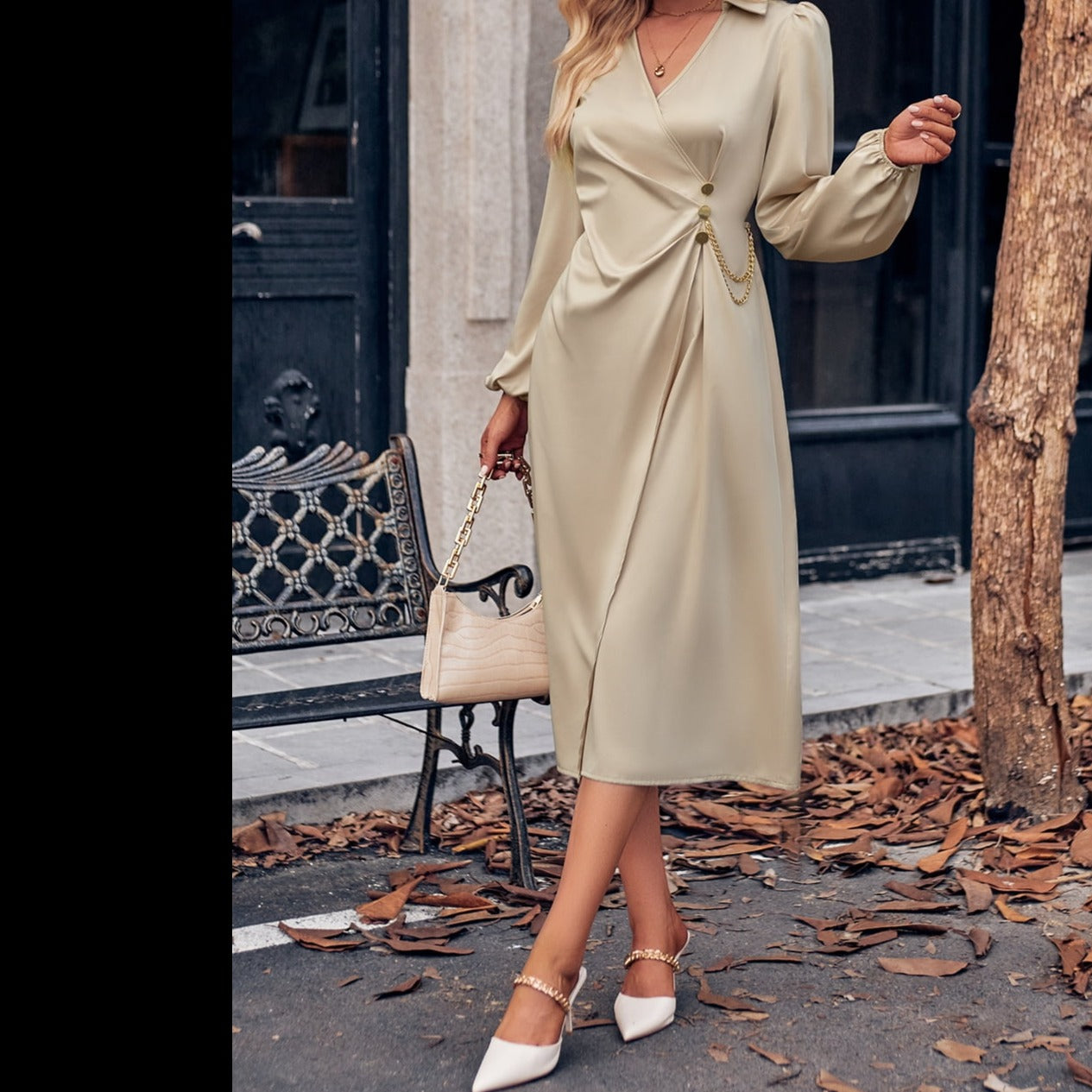 Surplice Neck Puff Sleeve Midi Dress