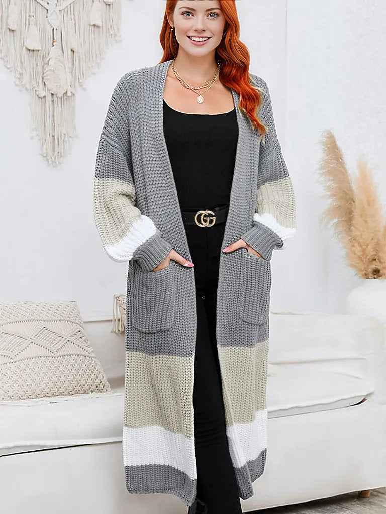Color Block Long Sleeve Pocketed Cardigan