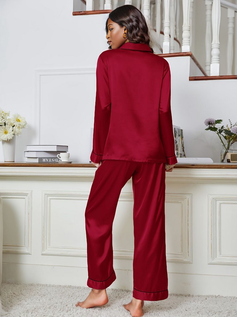 Lapel Collar Long Sleeve Top and Pants Pajama Set