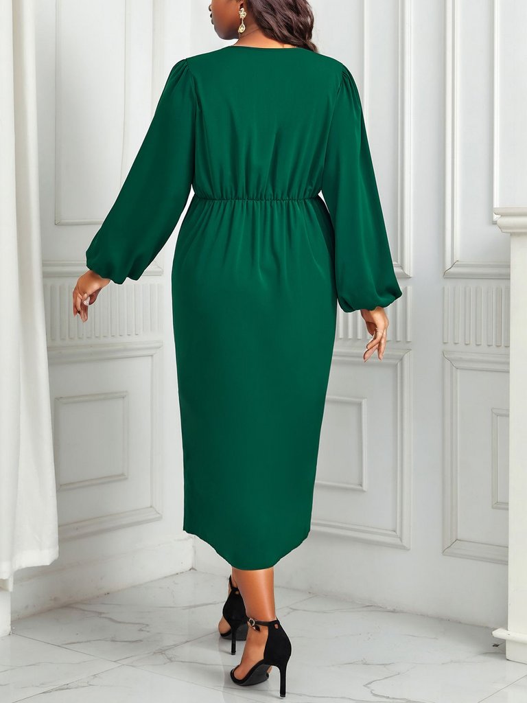 V-Neck Balloon Sleeve Midi Dress
