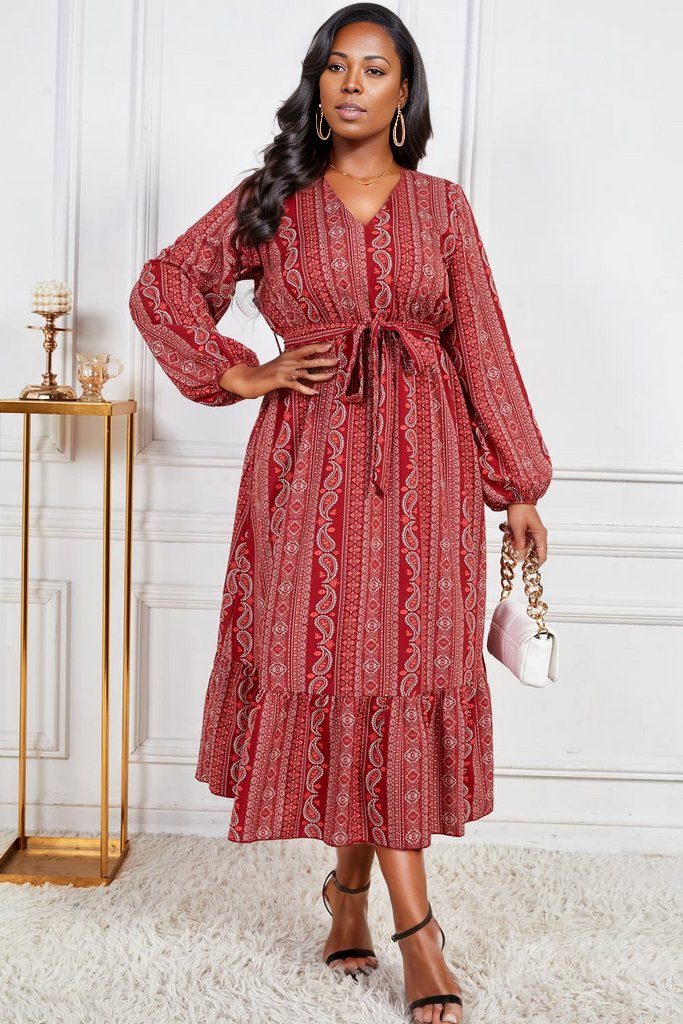Plus Size Tie Belt V-Neck Balloon Sleeve Midi Dress