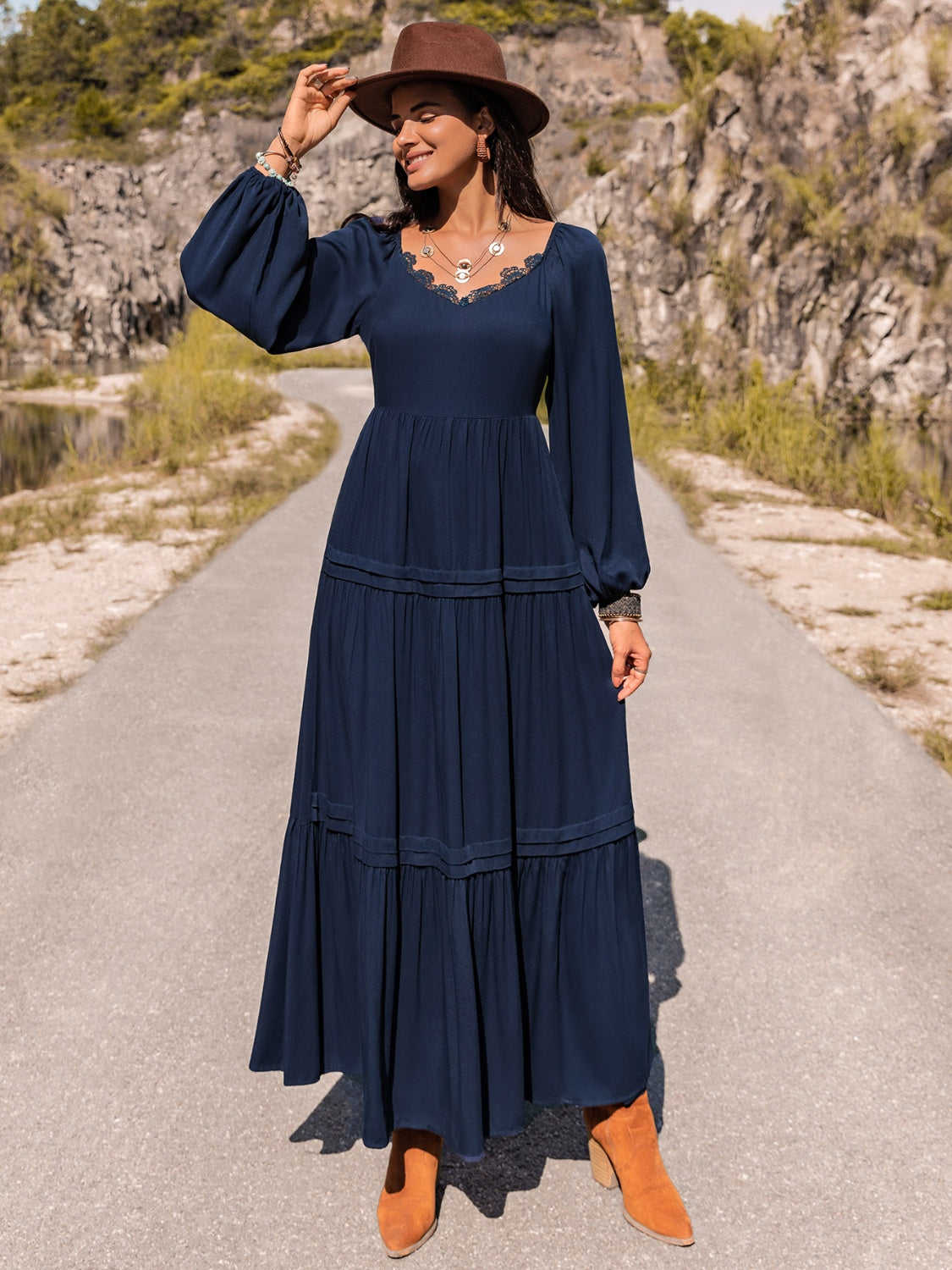 Long Sleeve Lace Trim Maxi Dress Long Sleeve Lace Trim Maxi Dress