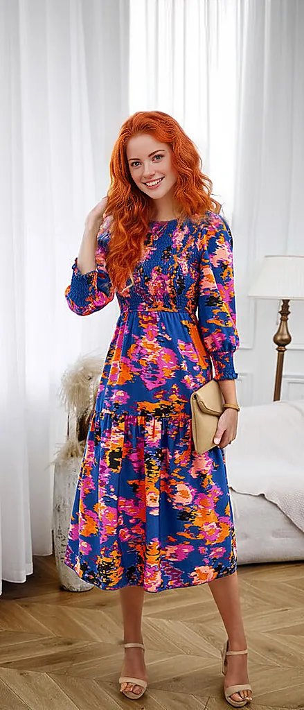 Printed Smocked Lantern Sleeve Ruffled Dress