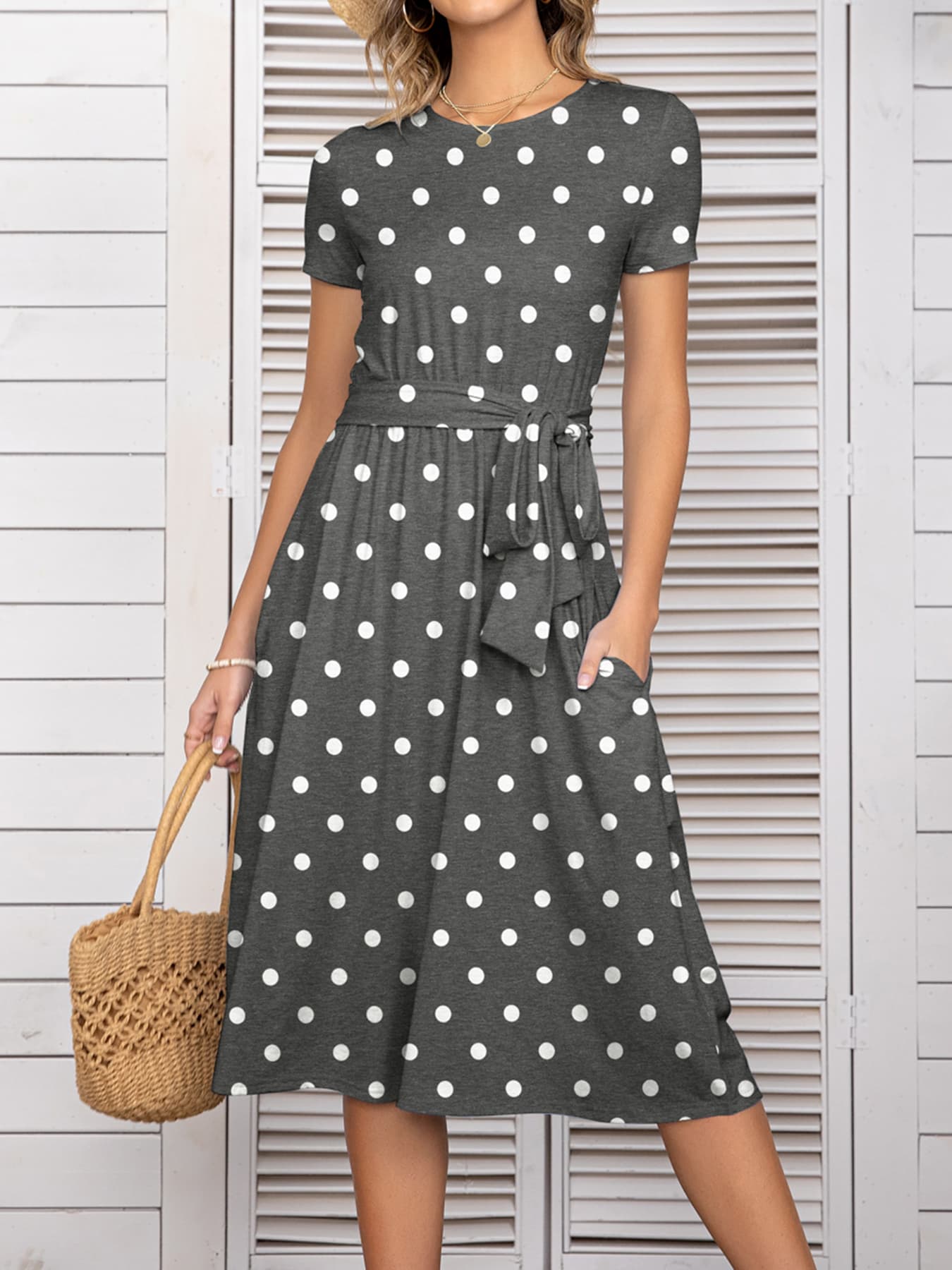Round Neck Short Sleeve Tie Waist Dress