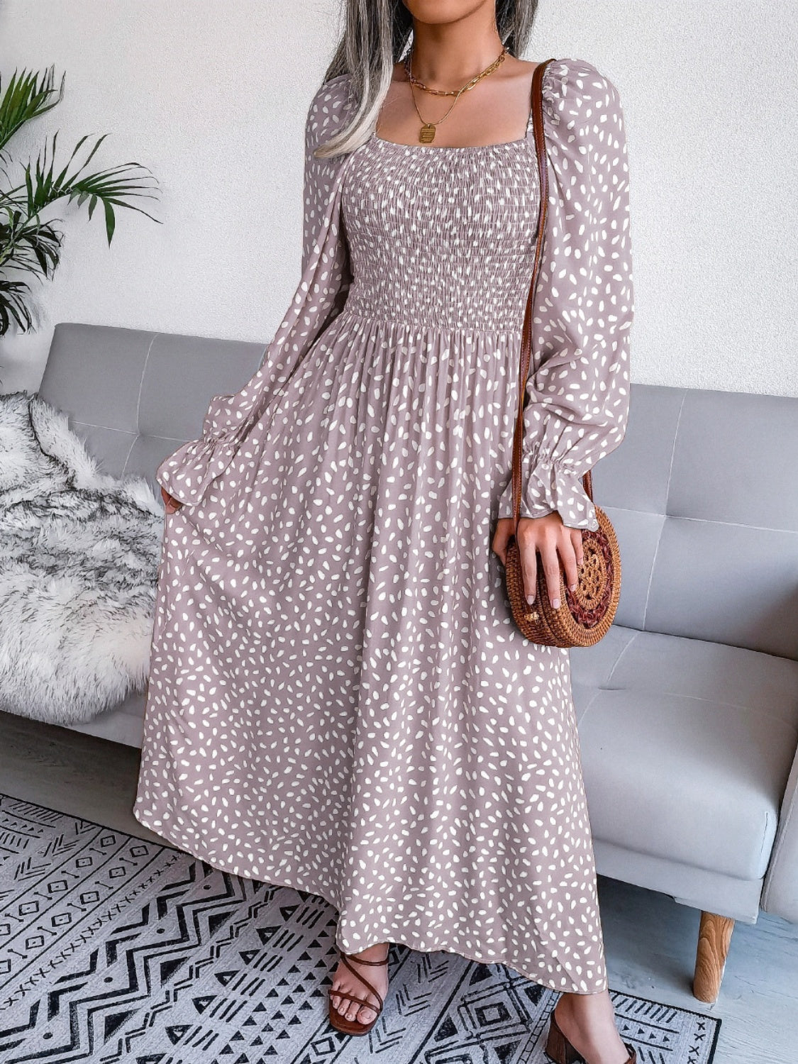 Smocked Square Neck Flounce Sleeve Dress - Three Color Choices