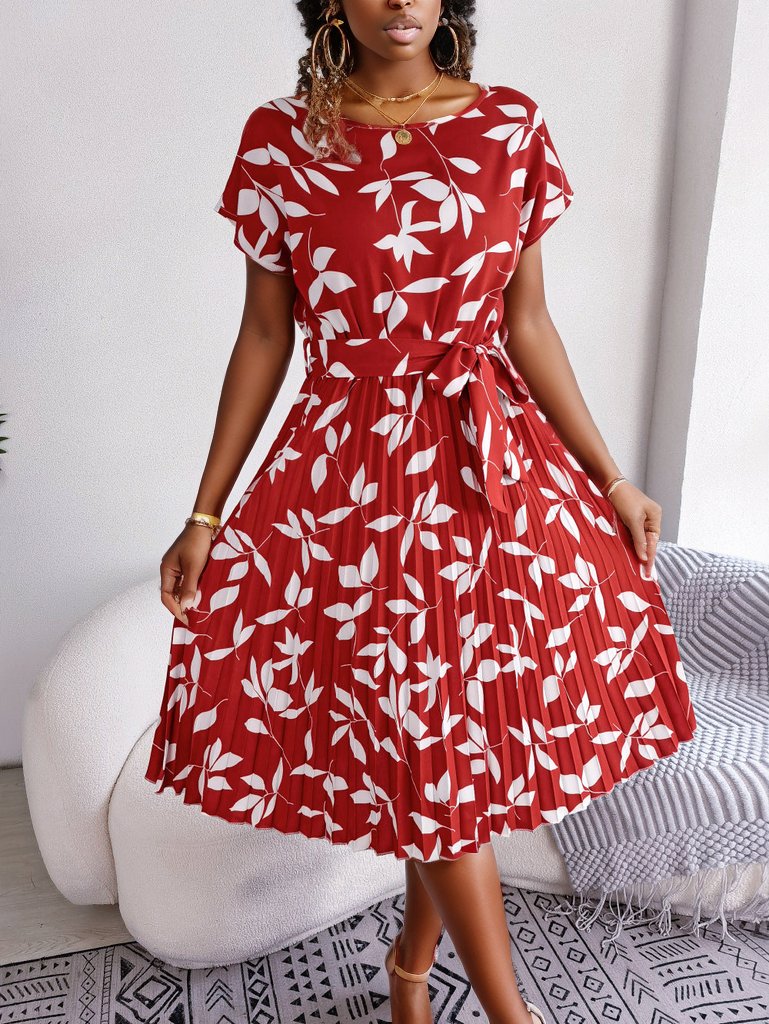 Printed Round Neck Short Sleeve Pleated Dress