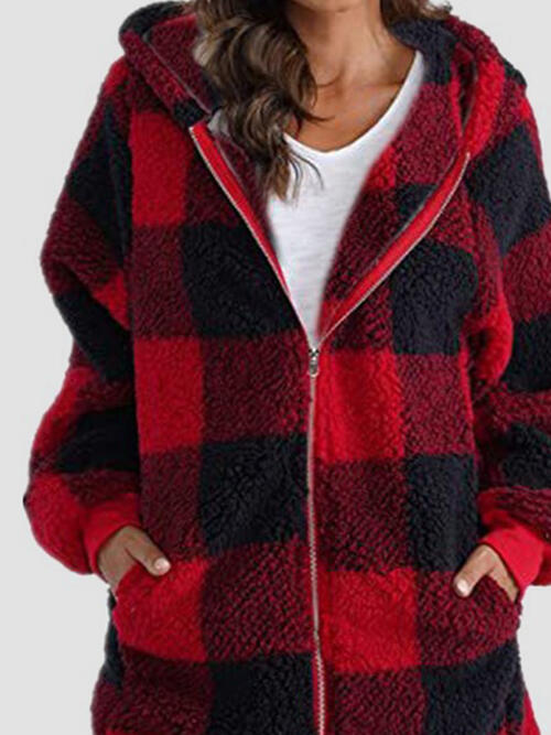 Plaid Zip Up Hooded Jacket with Pockets - Various Colors