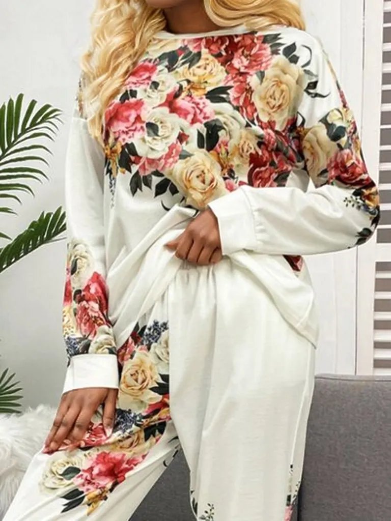 Printed Round Neck Top and Drawstring Pants Lounge Set