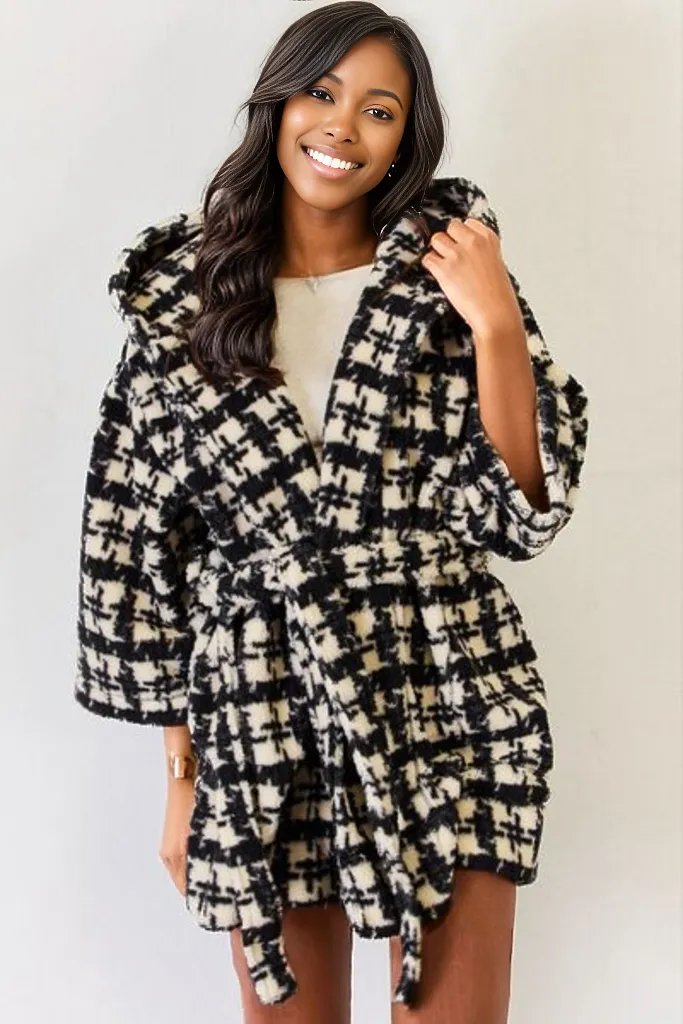 J.NNA Fuzzy Plaid Waist Tie Hooded Robe Cardigan