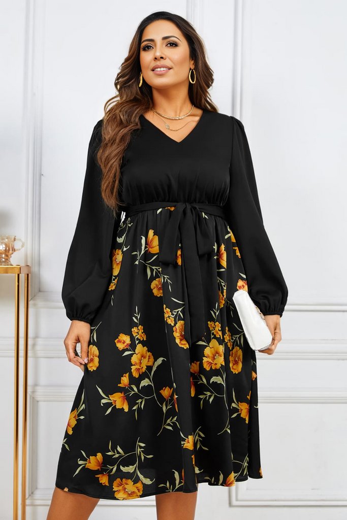 Plus Size Floral Print Tie Belt V-Neck Balloon Sleeve Midi Dress
