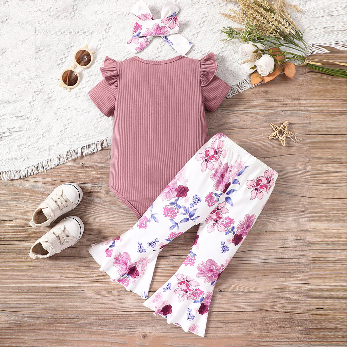 Uylee's Boutique Decorative Button Ribbed Bodysuit and Printed Flare Pants Set