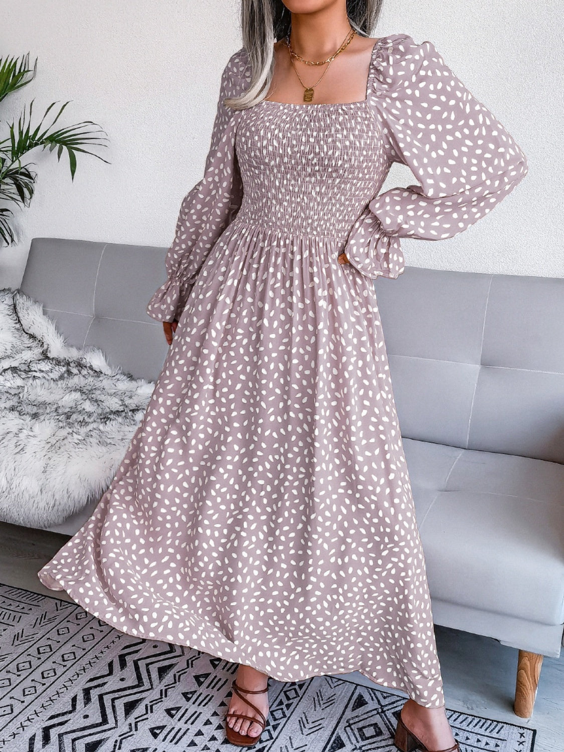 Smocked Square Neck Flounce Sleeve Dress - Three Color Choices