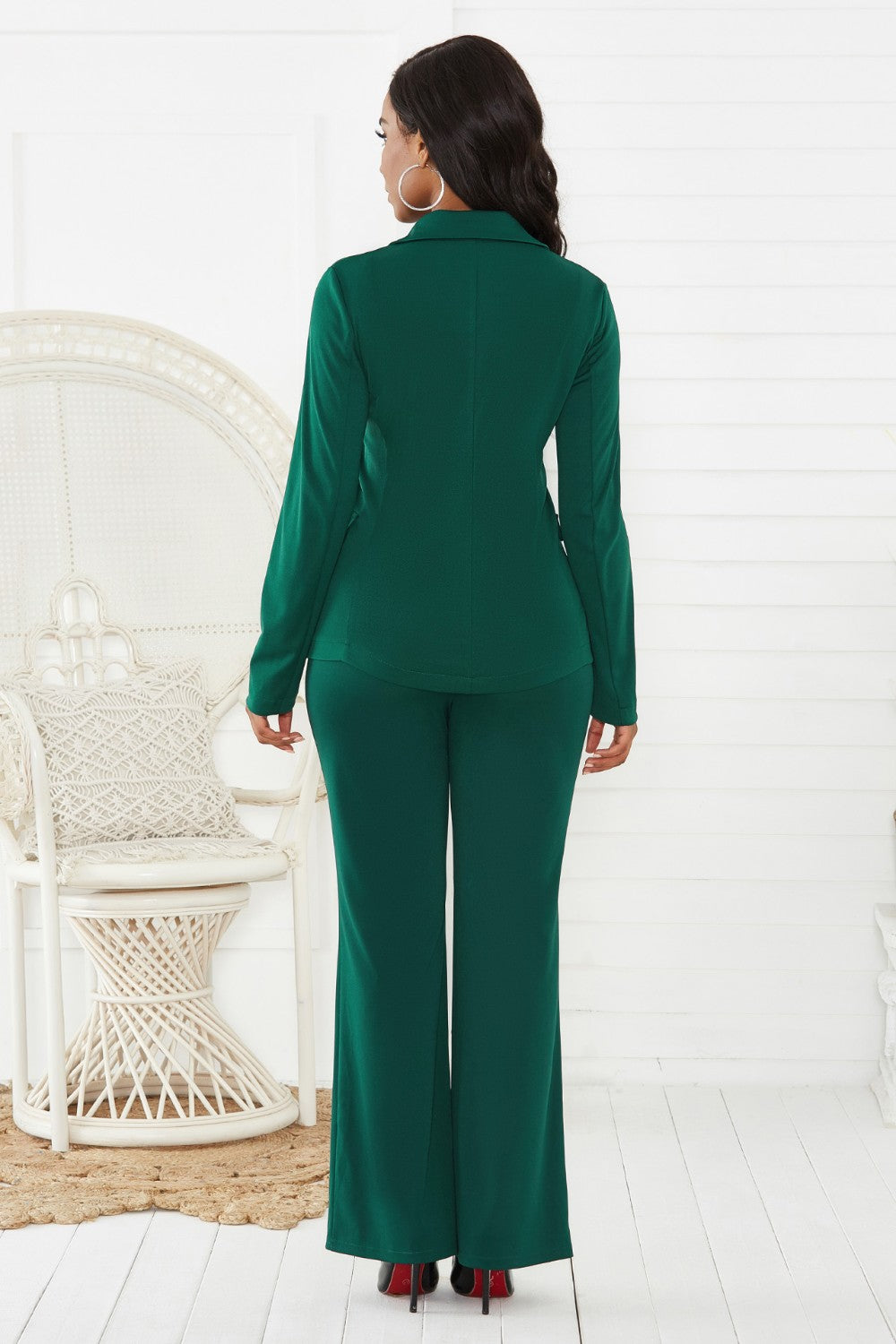 Lapel Collar Long Sleeve Blazer and Pants Set - Two Color Choices