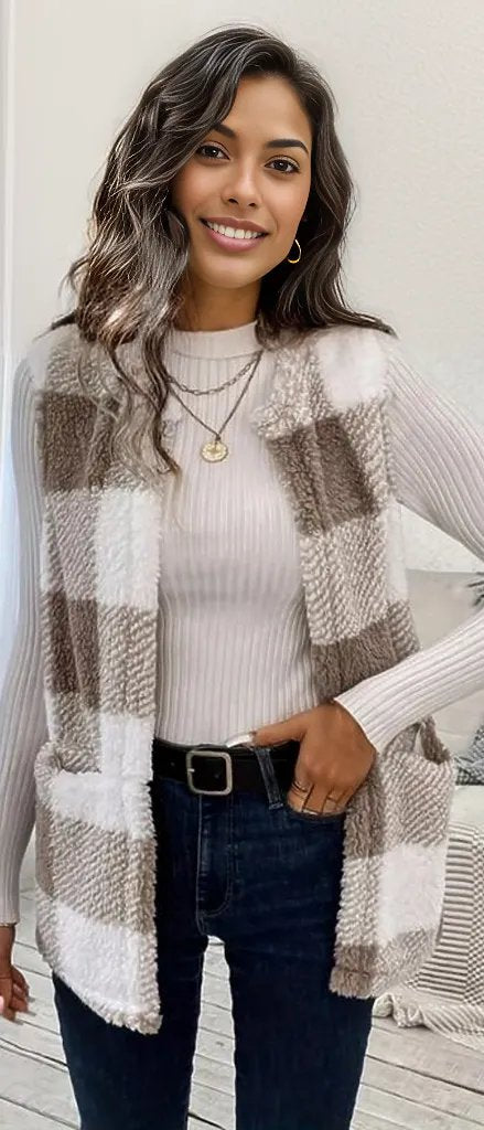 Sherpa Plaid Open Front Vest Coat