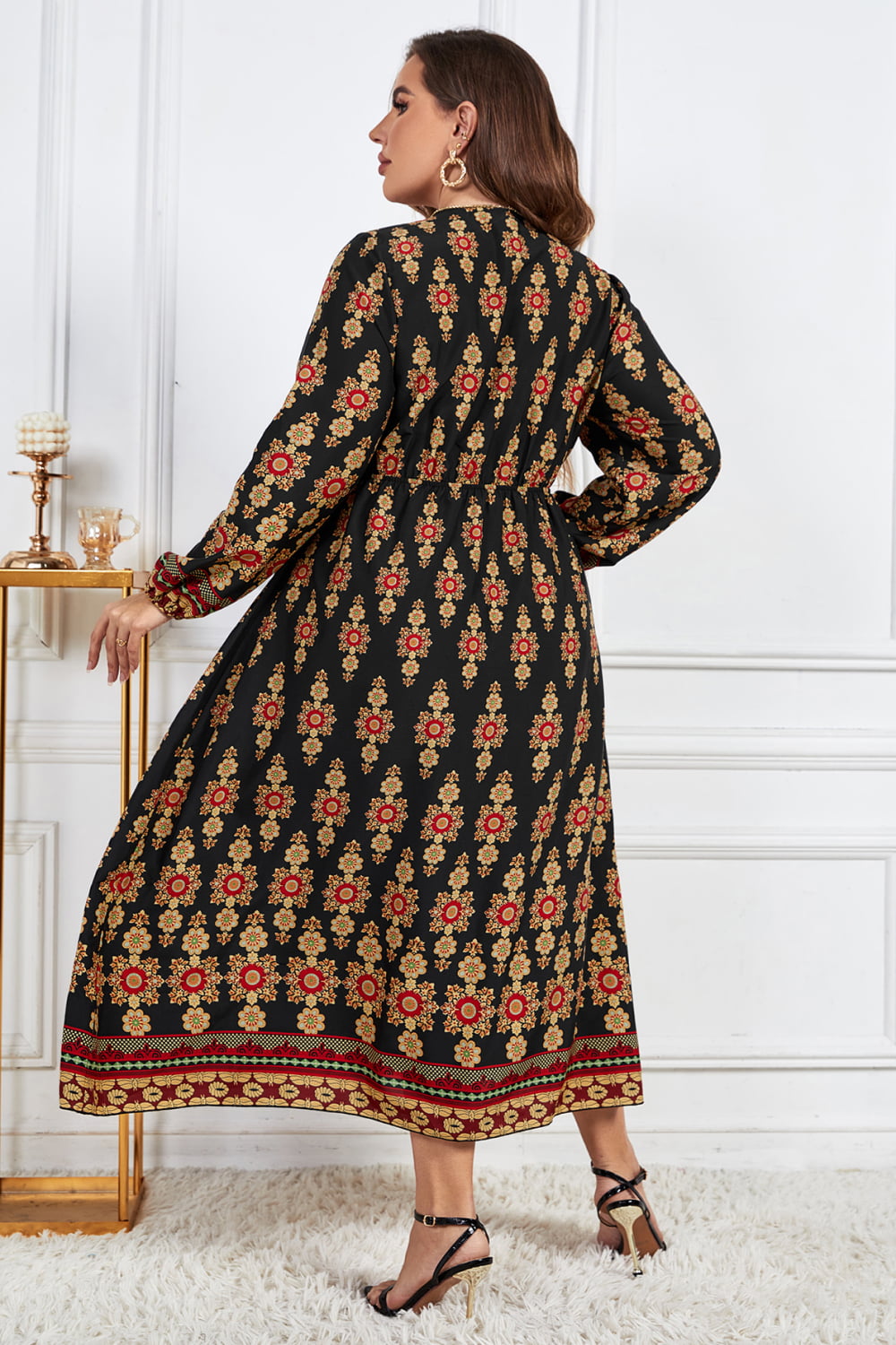 Plus Size Printed Surplice Neck Balloon Sleeve Midi Dress