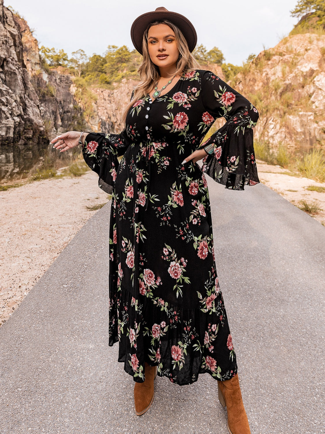 flared sleeve dress plus size Verdusa Women's Plus Size Paisley Print Short Dress Western Boho Bell Sleeve V Neck Ruffle Dresses Country Concert Outfits Coffee Brown Large Plus at Amazon Women's Clothing store