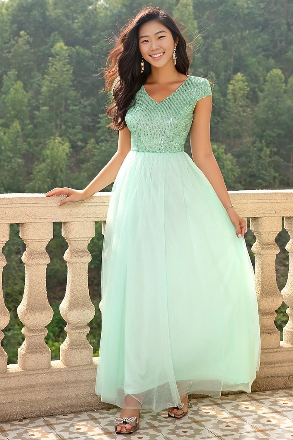 Sequin V-Neck Mesh Maxi Dress