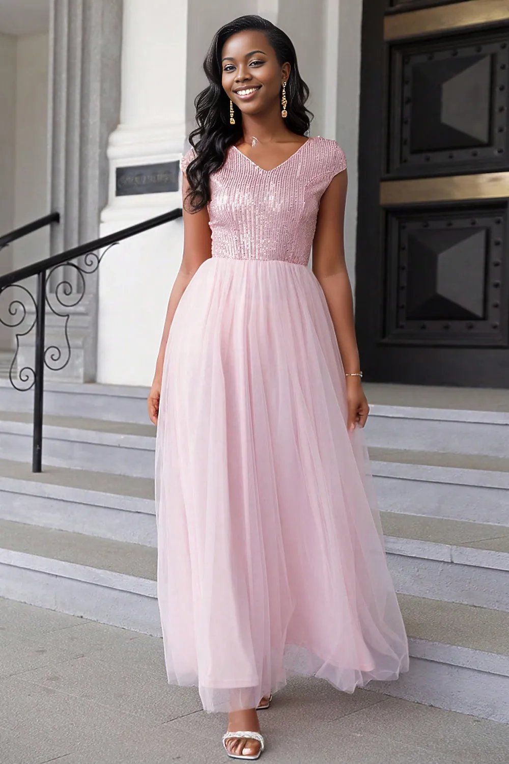 Sequin V-Neck Mesh Maxi Dress