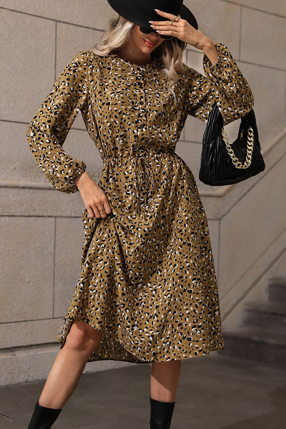 printed long sleeve midi dress Printed V-Neck Long Sleeve Midi Dress Khaki / XL