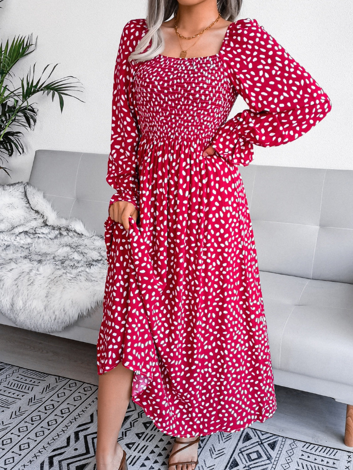 Smocked Square Neck Flounce Sleeve Dress - Three Color Choices