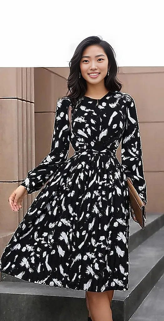 Printed Tie Back Long Sleeve Dress
