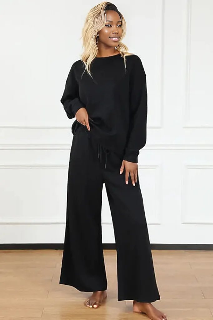 Double Take Full Size Textured Long Sleeve Top and Drawstring Pants Set