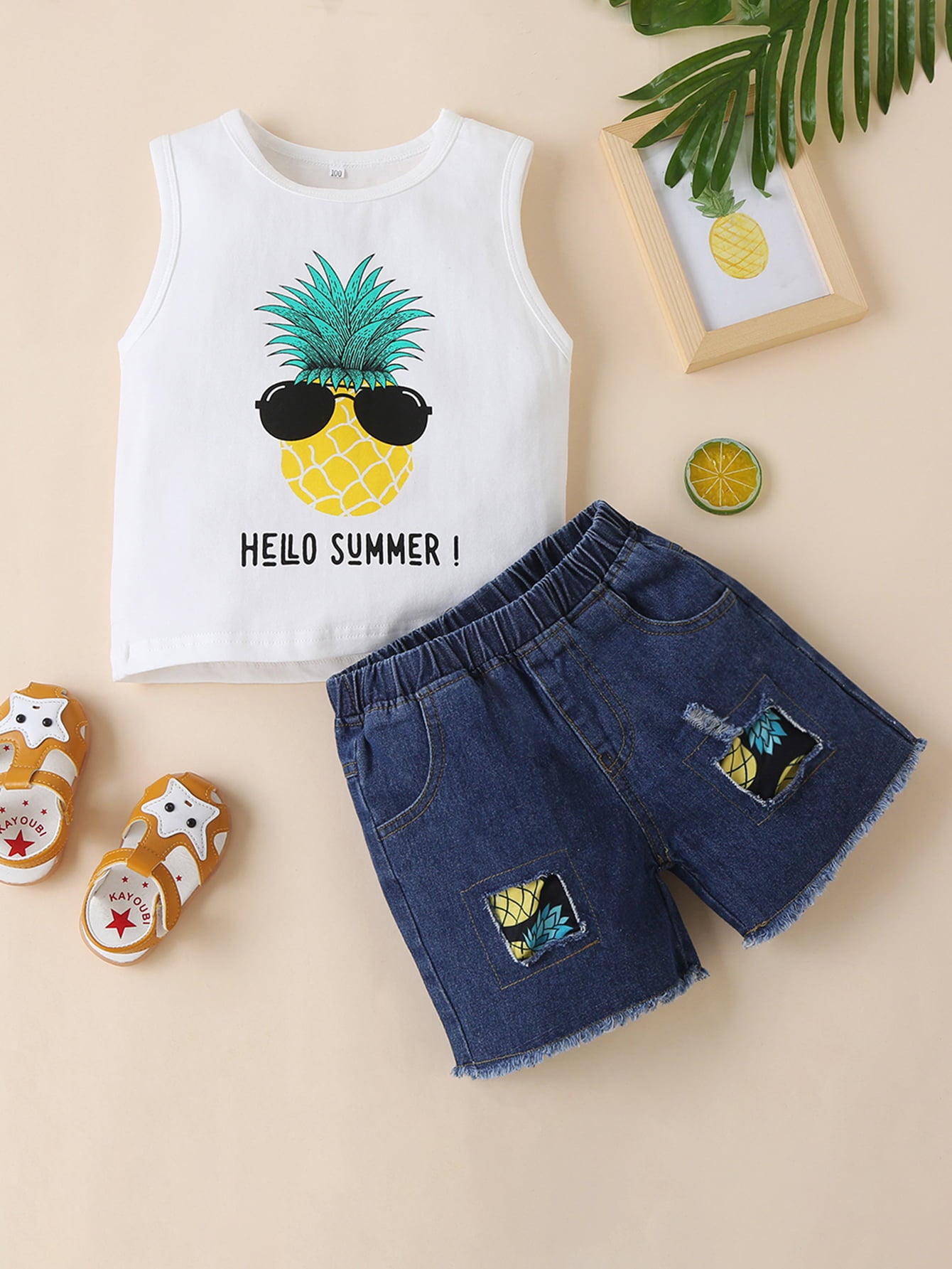 HELLO SUMMER パイナップルグラフィックタンクと切りっぱなしデニムショートパンツセット