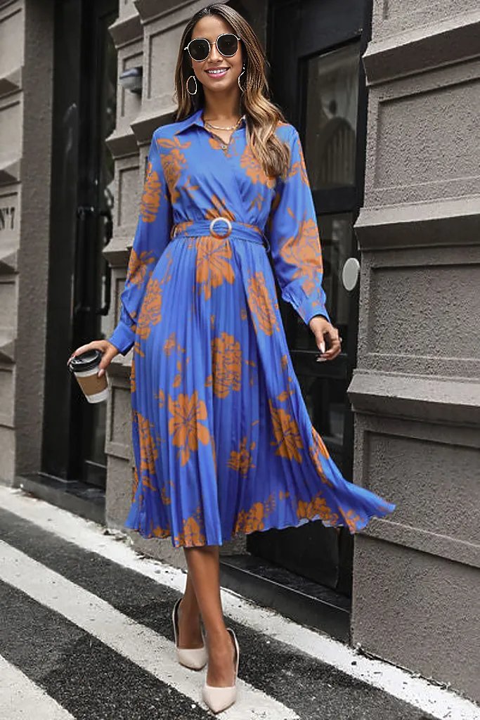 Floral Pleated Surplice Long Sleeve Midi Dress – Uylee's Boutique