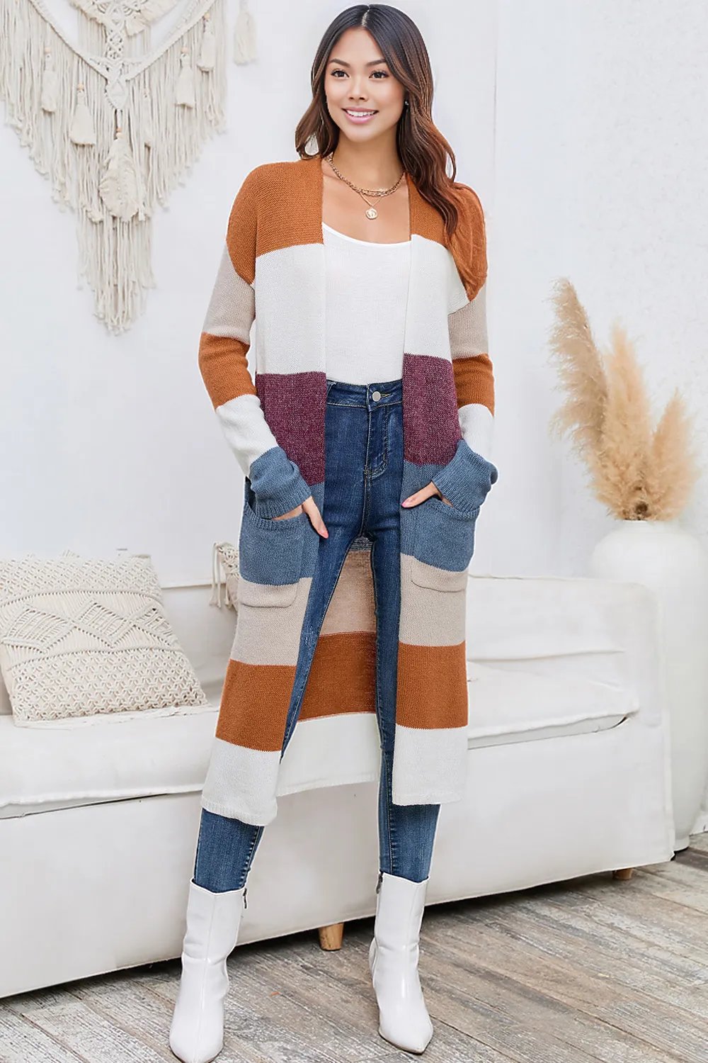 Long Color Block Open Front Pocketed Cardigan