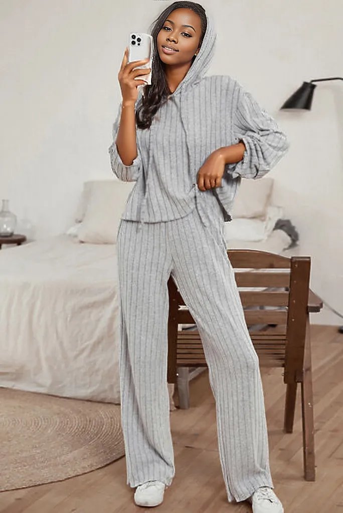 Ribbed Drawstring Hoodie and Pants Lounge Set