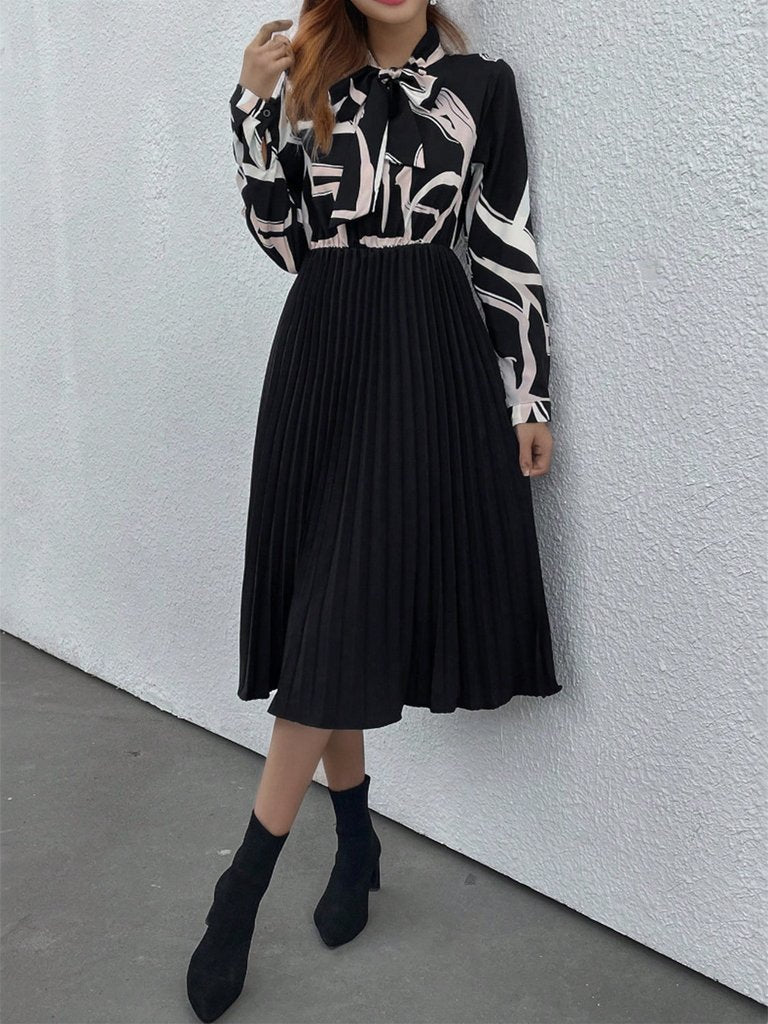 Tie Neck Long Sleeve Pleated Dress