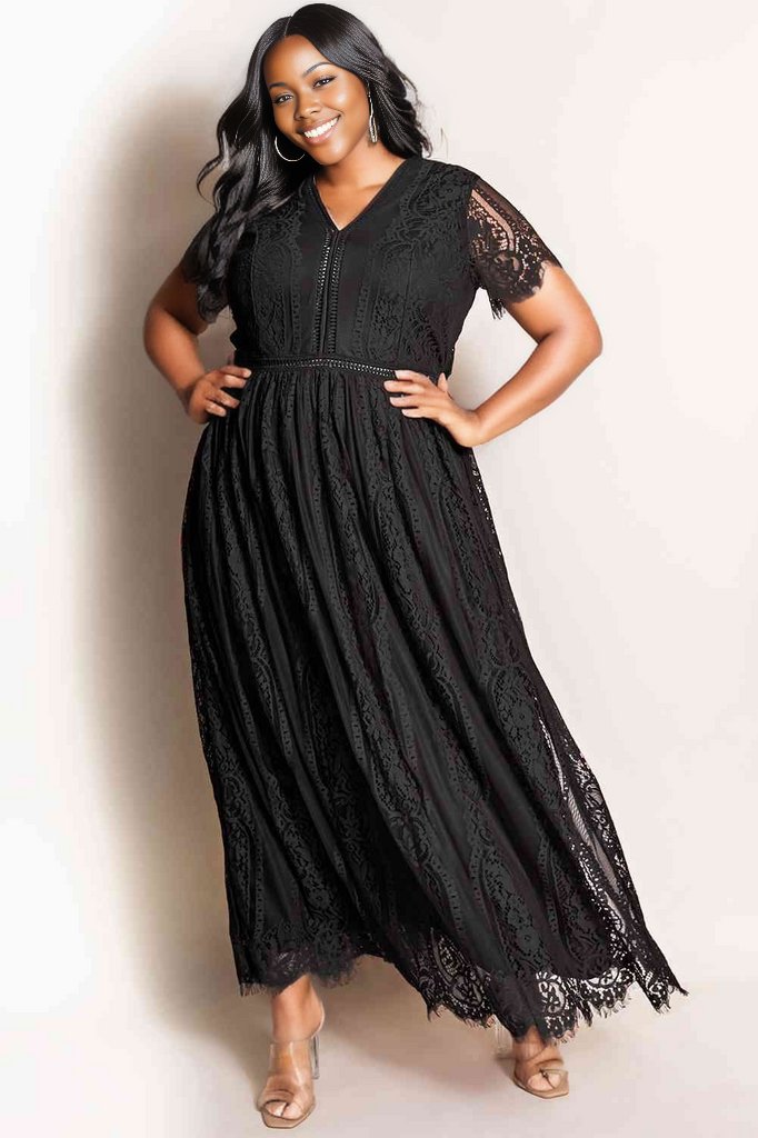 V-Neck Short Sleeve Lace Maxi Dress