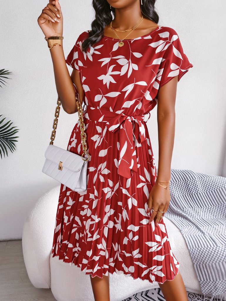 Printed Round Neck Short Sleeve Pleated Dress