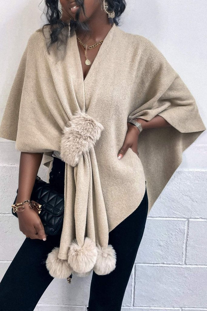 Surplice Neck Pom-Pom Trim Poncho